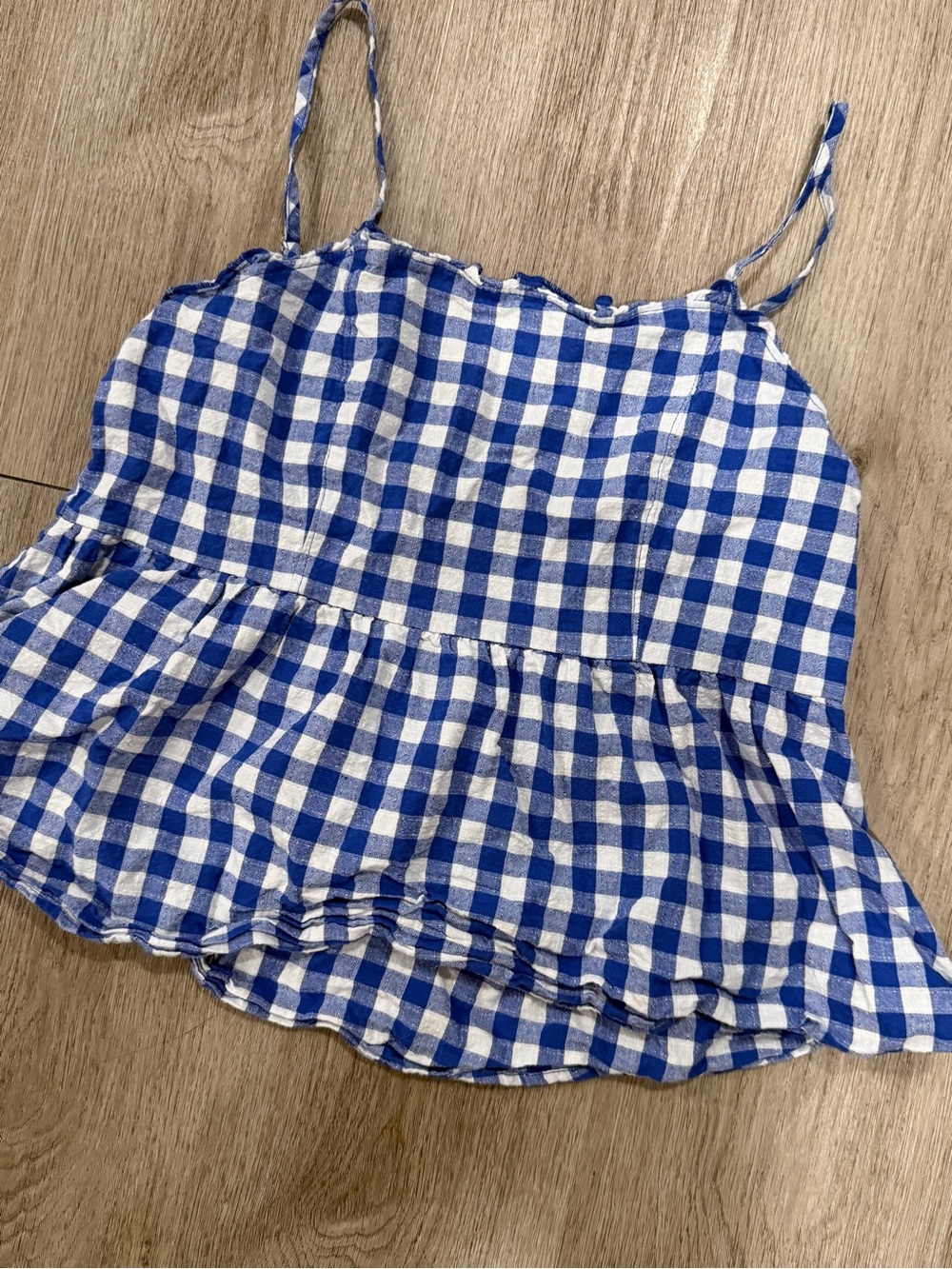 love on a hanger Blue and White Gingham Spaghetti Strap Peplum Tank